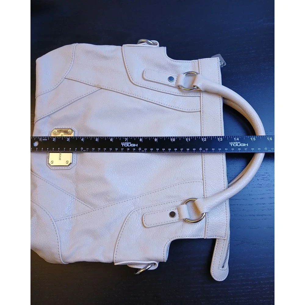 Dana Buchman Cream Pebbled Vegan Leather Satchel Tote Handbag Silver Hardware